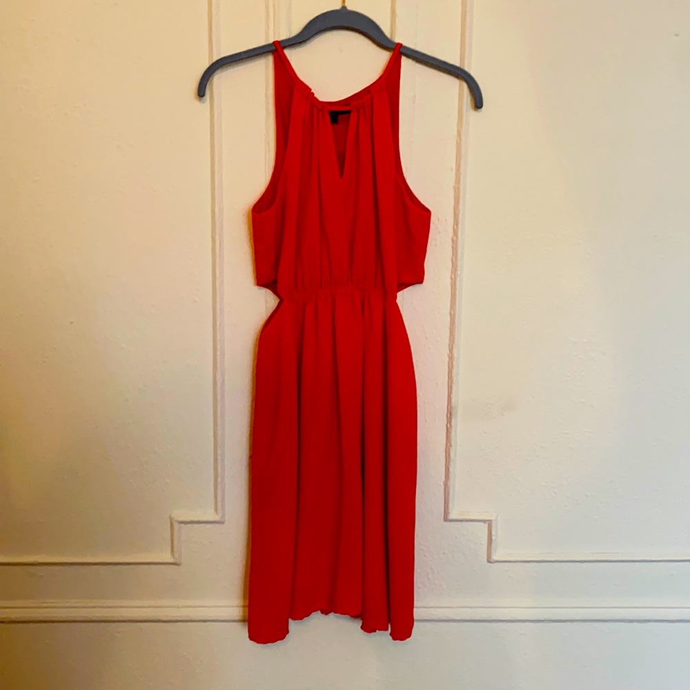 Red halter dress with cutouts